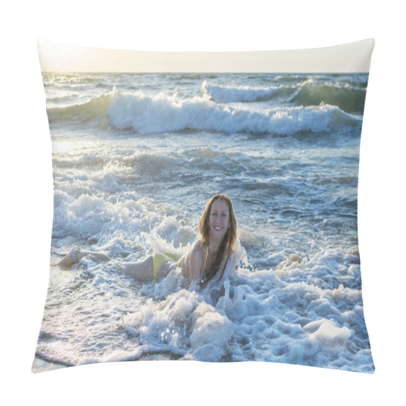 Personality  Woman Lies In The Surf Zone In The Sea Waves At Dawn Pillow Covers