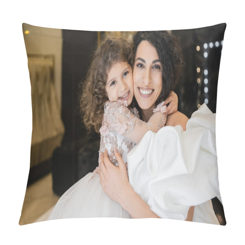 Personality  Happy Little Girl In Floral Attire Hugging Tight Her Charming Mother In White Wedding Dress With Puff Sleeves And Ruffles While Smiling And Looking At Camera Together In Bridal Boutique  Pillow Covers