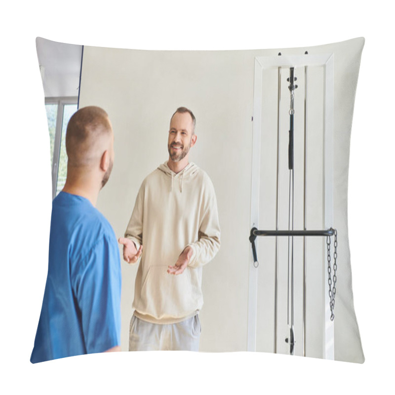 Personality  Positive Man Talking To Doctor In Blue Uniform During Appointment In Rehabilitation Kinesio Center Pillow Covers