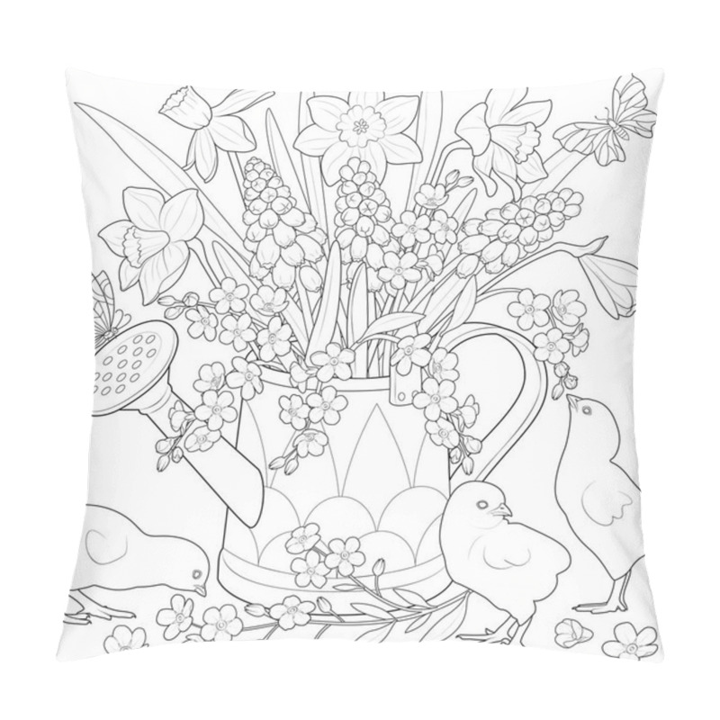 Personality  Watering Can With Flowers And Chickens Black And White Vector Illustration Pillow Covers