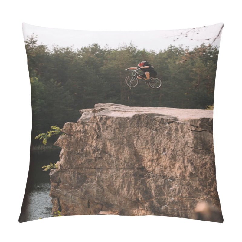 Personality  Trial Biker Jumping On Bicycle Over Rocky Cliff Outdoors In Forest Pillow Covers