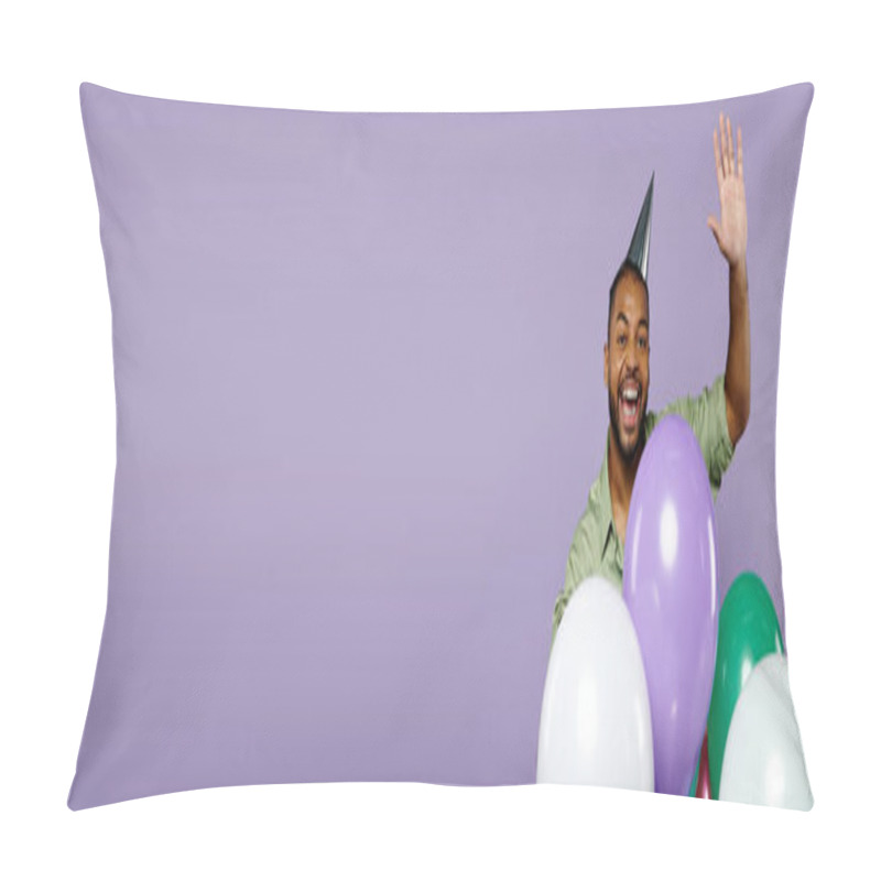 Personality  Young African American Man Wearing Braces Enthusiastically Holds Balloons In A Party Hat Against A Purple Backdrop. Pillow Covers