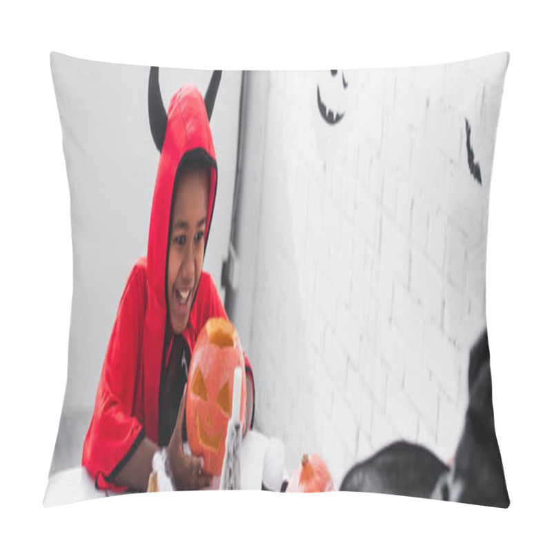 Personality  Happy African American Boy In Halloween Costume Holding Carved Pumpkin At Home, Banner Pillow Covers