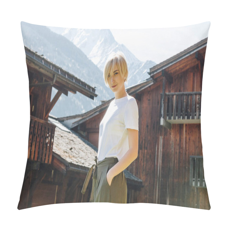 Personality  Beautiful Happy Young Woman Looking At Camera While Standing With Hand In Pocket In Mountain Village, Mont Blanc, Alps Pillow Covers