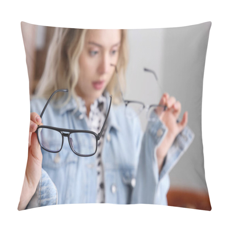 Personality  Young Woman With Stylish Eyeglasses At Home, Closeup Pillow Covers