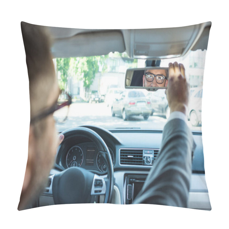 Personality  Partial View Of Businessman In Eyeglasses Looking At Rear View Mirror In Car Pillow Covers