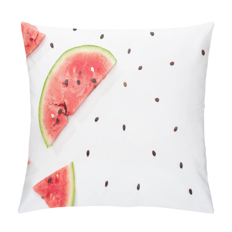 Personality  Top View Of Delicious Juicy Cut Watermelon With Seeds On White Background Pillow Covers