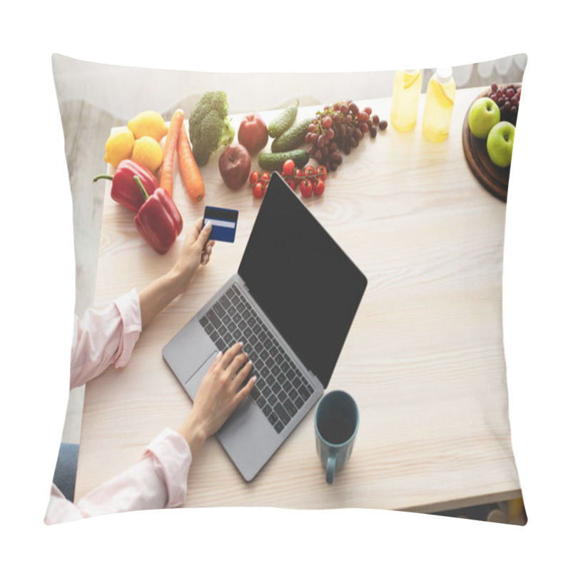 Personality  Woman Using Laptop With In Kitchen, Holding Credit Card Pillow Covers