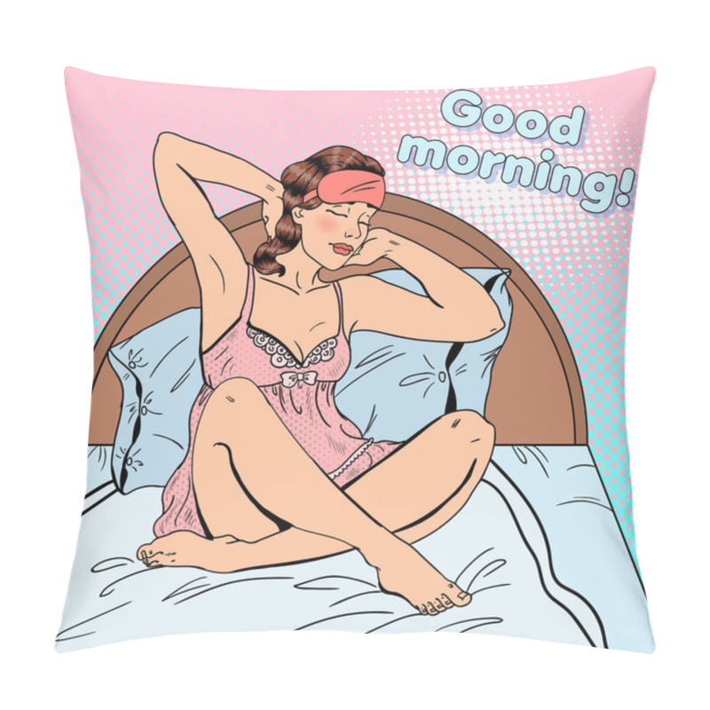 Personality  Pop Art Beautiful Woman Stratching Up After Wake Up In Bed. Vector Illustration Pillow Covers