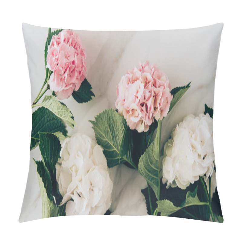 Personality  Top View Of Pink And White Hydrangea Flowers On Marble Surface  Pillow Covers