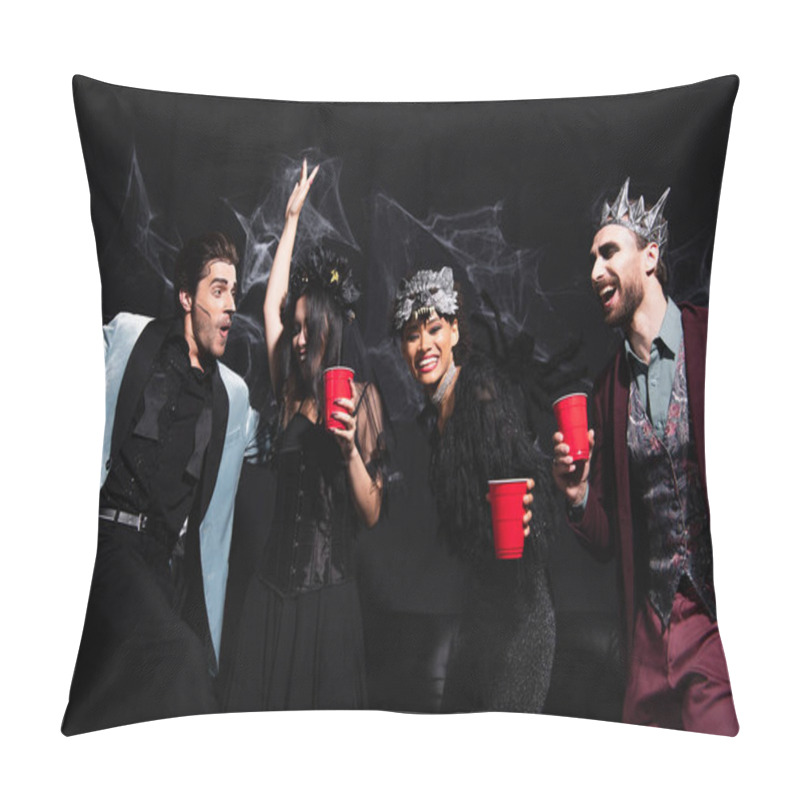 Personality  Excited Multiethnic Friends In Halloween Costumes Dancing With Plastic Cups On Black   Pillow Covers