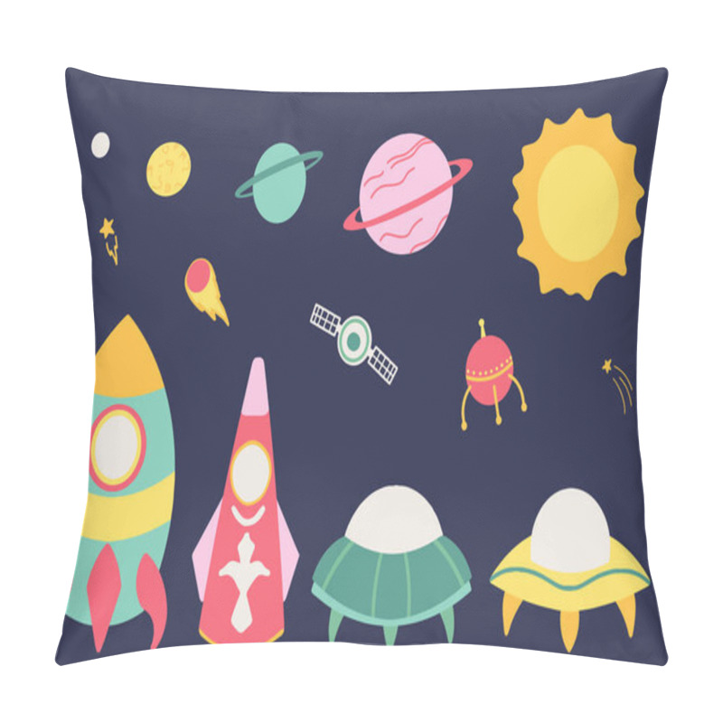 Personality  Large Set Of Cosmic. Spaceship, Rocket, Flying Saucer, Planet, Sun, Moon, Constellation, Galaxy, Asteroid. Colorful Bright Colors. Vector Flat Cartoon Style. For Postcards, Poster, Stickers, Prints Pillow Covers