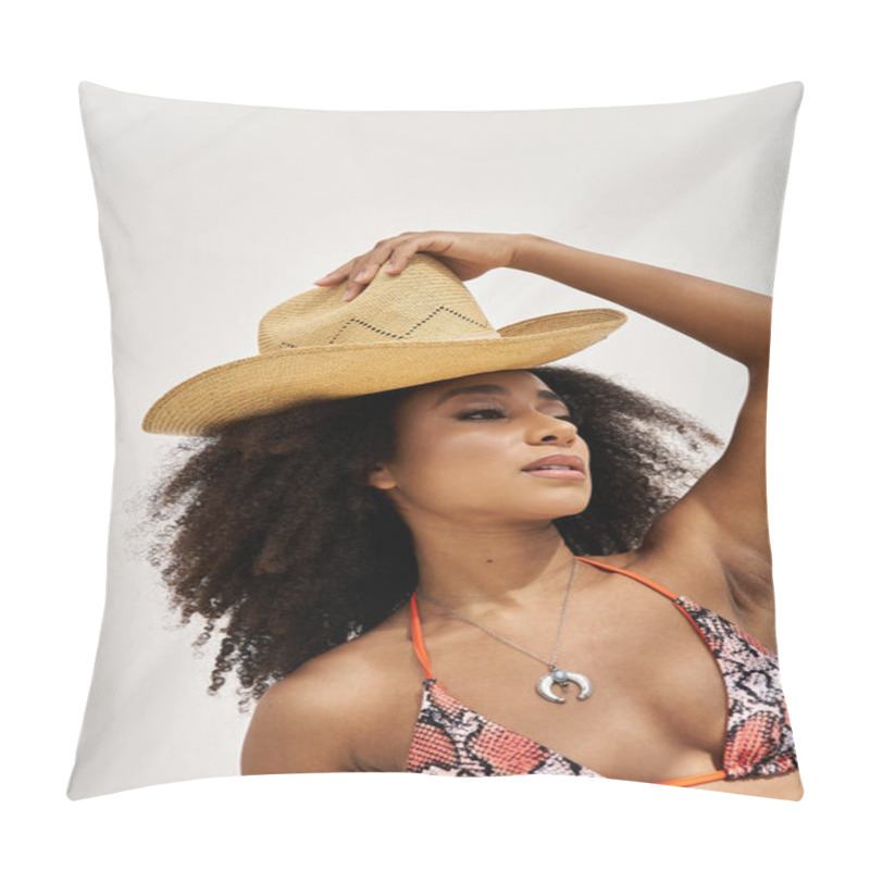 Personality  A Confident Young Woman Elegantly Poses, Wearing A Trendy Swimsuit And A Chic Straw Hat. Pillow Covers