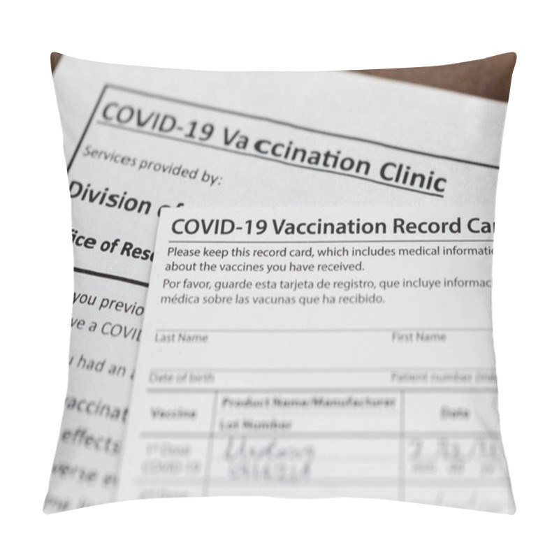 Personality  Close Up Isolated Image Of A COVID 19 Vaccination Record Card On A Wooden Desk. The Card Details The Date, Type And The Dose Number Of Administred Vaccine And Given To Every Person For Record. Pillow Covers