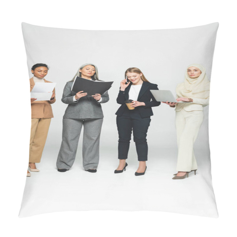 Personality  Multicultural Businesswomen With Folders Near Woman Talking On Smartphone On White  Pillow Covers