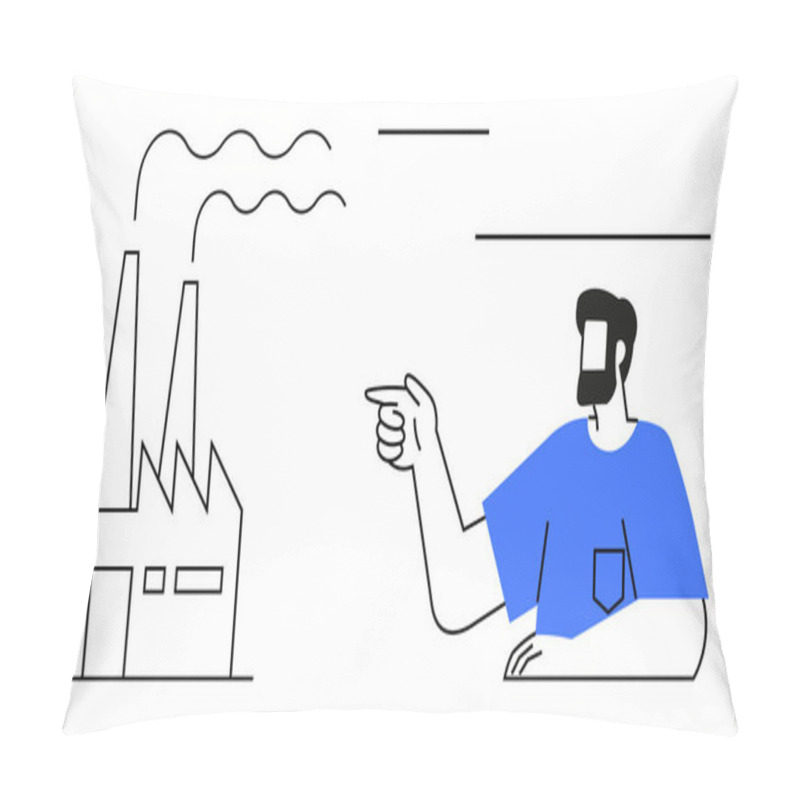 Personality  Factory With Smoke Stacks And Emissions. Person In Blue Attire Pointing. Ideal For Pollution, Industrial Impact, Environmental Awareness, Climate Change, Sustainability, Discussions, Education Pillow Covers