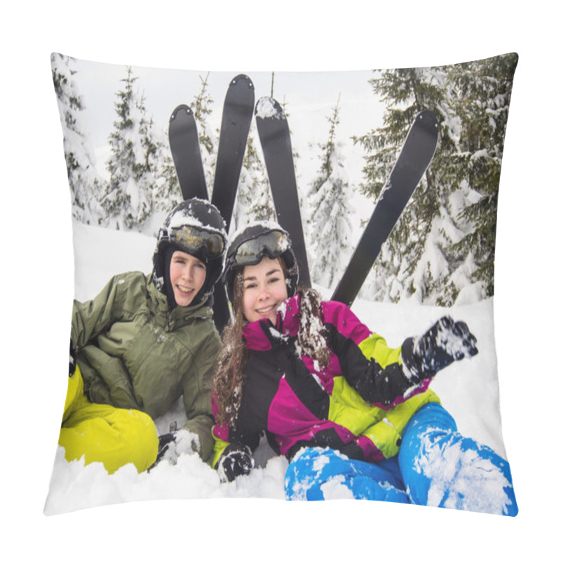 Personality  Girl And Boy  After Skiing Pillow Covers