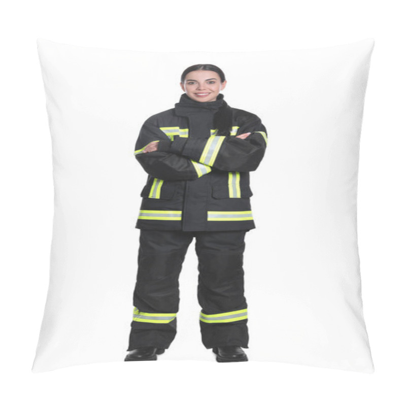 Personality  Full Length Portrait Of Firefighter In Uniform On White Background Pillow Covers