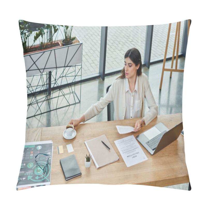 Personality  A Businesswoman Sits At Her Desk Surrounded By A Laptop And Papers, Focused On Her Franchise Work In A Modern Office. Pillow Covers