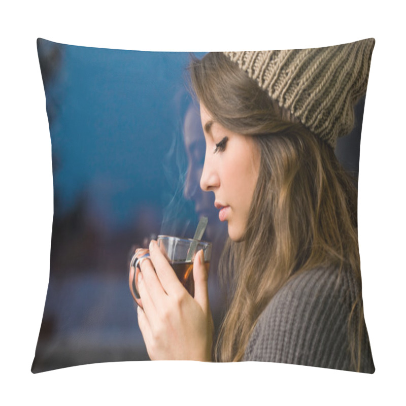 Personality  Young Brunette With Hot Tea. Pillow Covers