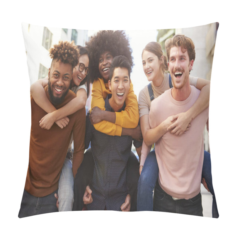 Personality  Three Young Adult Couples Having Fun Piggybacking In A City Street, Close Up Pillow Covers