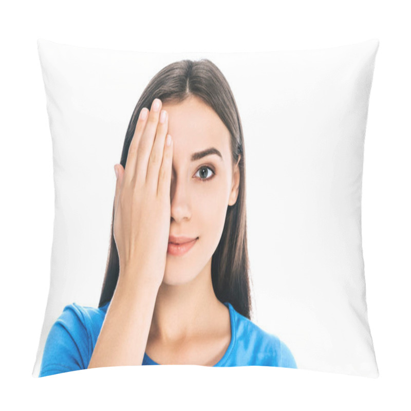 Personality  Obscured View Of Smiling Woman Covering Eye With Hand Isolated On White Pillow Covers