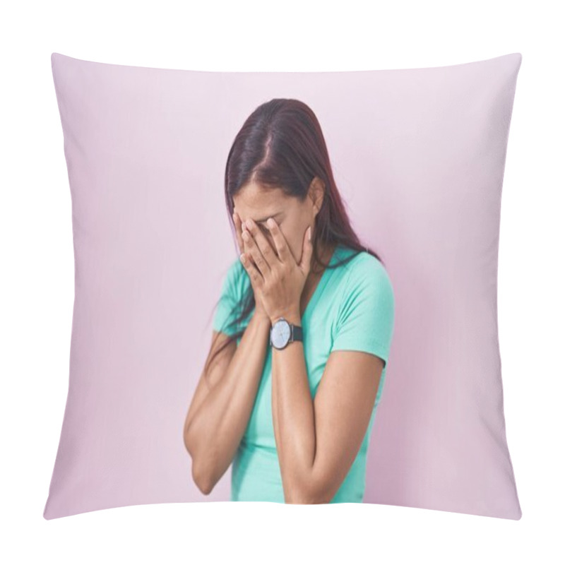 Personality  Young Hispanic Woman Standing Over Pink Background With Sad Expression Covering Face With Hands While Crying. Depression Concept.  Pillow Covers