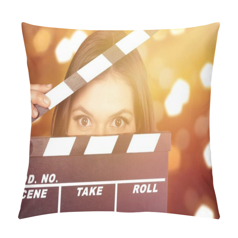 Personality  Young Woman With Movie Clapper Isolated On White Pillow Covers