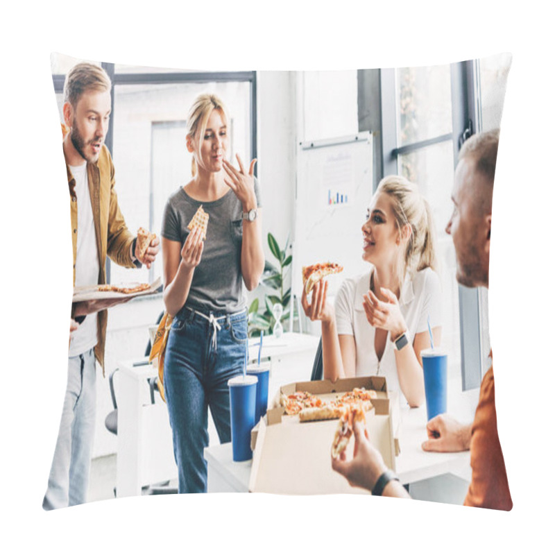 Personality  Group Of Successful Entrepreneurs Having Pizza For Lunch Together While Working On Startup At Office Pillow Covers