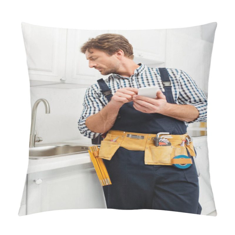 Personality  Plumber Looking At Kitchen Sink And Using Smartphone  Pillow Covers