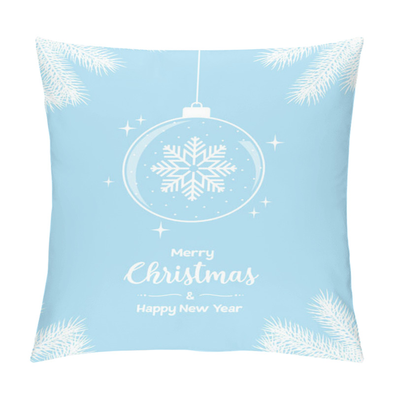 Personality  Christmas Greeting Card. Glass Ball With A Snowflake Inside And White Spruce Branches Frame On A Blue Background. Flat Vector Illustration Pillow Covers