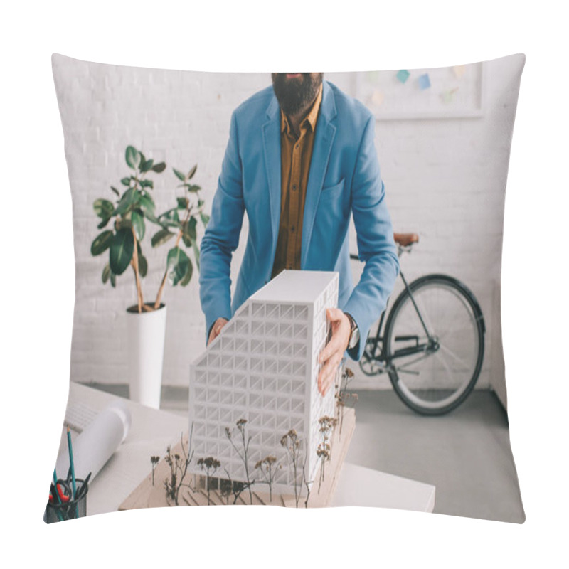 Personality  Cropped View Of Adult Male Architect In Formal Wear Working On House Model In Office Pillow Covers