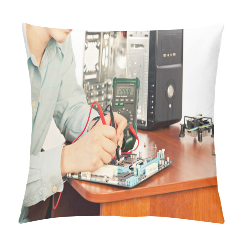 Personality  Technician Repairing Computer Hardware In The Lab. Pillow Covers