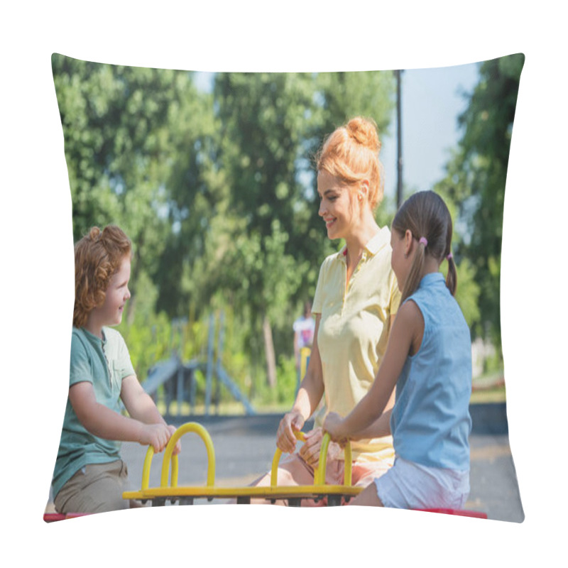 Personality  Cheerful Woman Riding Seesaw With Children In Summer Park Pillow Covers