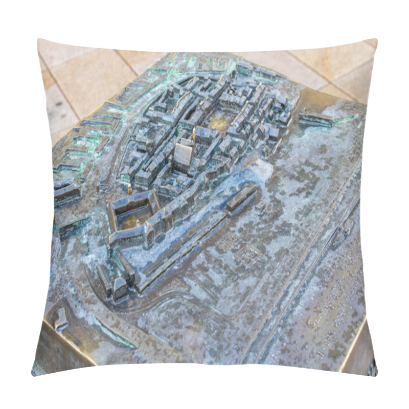 Personality  Warsaw, Poland - September 20, 2022: A Detailed Bronze Relief Map Showcasing The Historic Layout Of Warsaw, Highlighting Prominent Landmarks And Streets. Pillow Covers