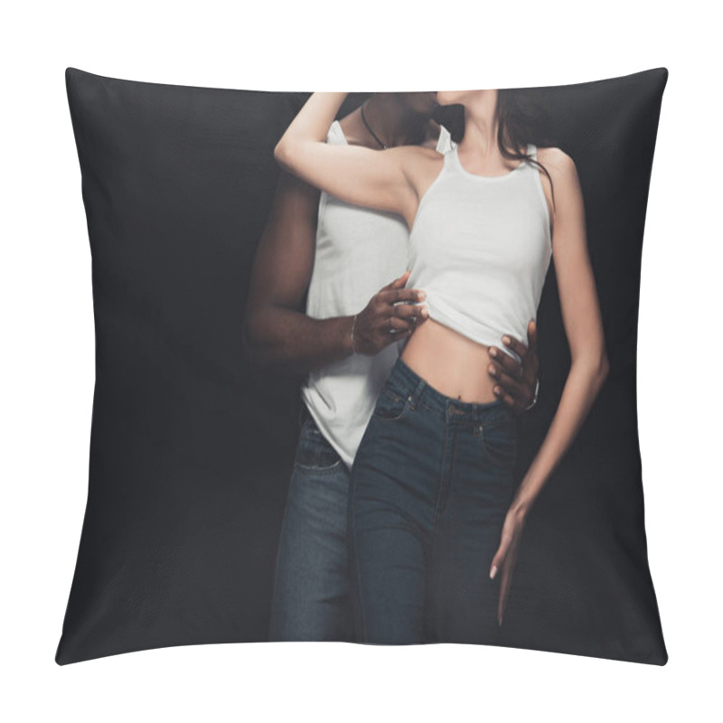 Personality  Cropped View Of African American Man Undressing Seductive Woman Isolated On Black With Copy Space Pillow Covers