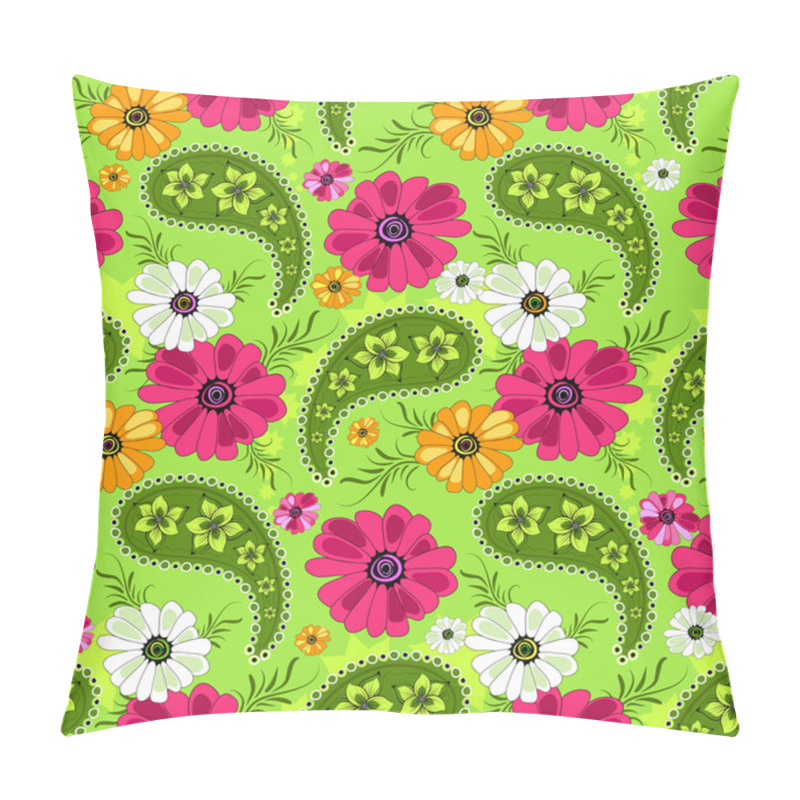 Personality  Seamless Green Floral Pattern With Vivid Flowers And Paisleys (vector) Pillow Covers