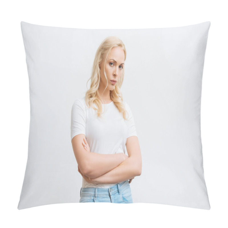 Personality  Offended Woman Standing With Crossed Arms While Looking At Camera Isolated On White Pillow Covers