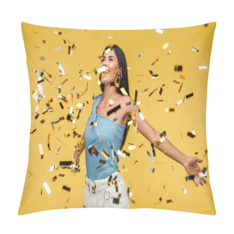 Personality  Selective Focus Of Cheerful Woman Near Sparkling Confetti On Orange  Pillow Covers