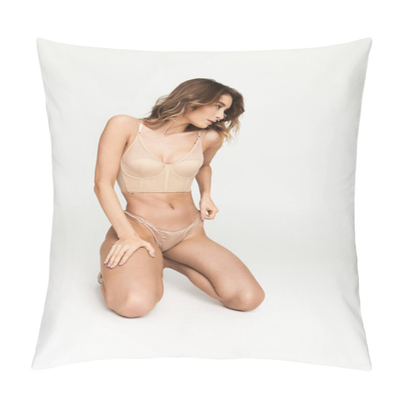 Personality  Elegant Young Woman In Chic Lingerie Poses Gracefully In Stylish Fashion Setting. Pillow Covers