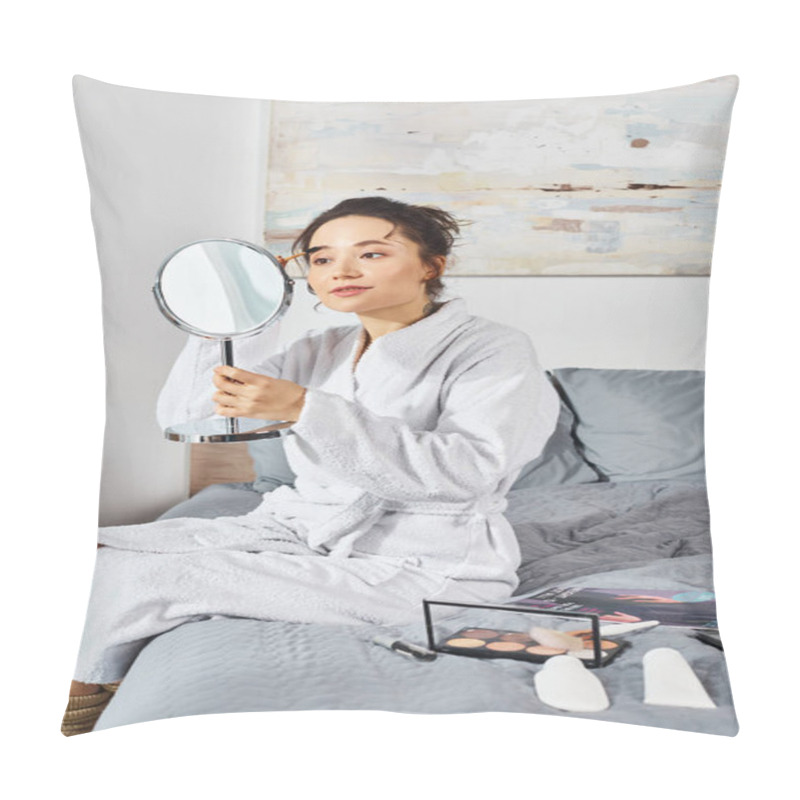 Personality  A Brunette Woman In A White Bathrobe Sits On A Bed, Carefully Examining Something With A Mirror Surrounded By Cosmetics. Pillow Covers