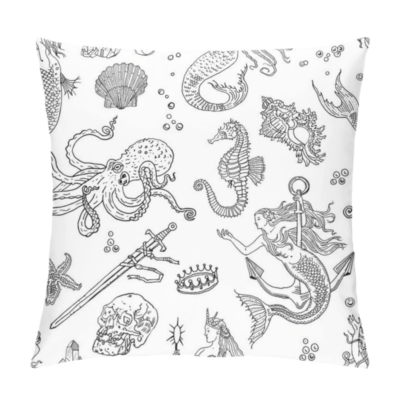 Personality  Vintage Fantasy Nautical Seamless Pattern: Mermaid, Underwater Treasures, Octopus, Shell, Starfish, Anchor, Drowned Sword, Crown, Skull, Crystal, Sea Horse. Retro Tattoo Style Hand Drawn Illustration. Pillow Covers