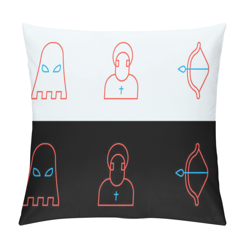 Personality  Set Line Medieval Bow And Arrow, Executioner Mask And Monk Icon. Vector Pillow Covers