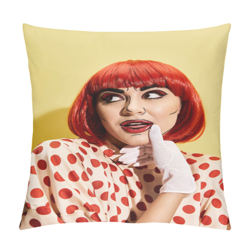 Personality  A Vibrant Redhead Donning A Polka Dot Dress On A Sunny Yellow Backdrop, Exuding Charisma And Charm. Pillow Covers