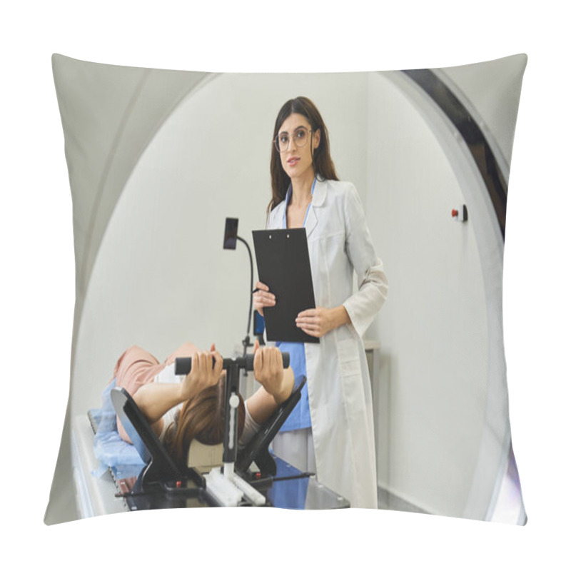 Personality  A Doctor In A Lab Coat Oversees A Patient Inside The MRI Machine While Ensuring Comfort And Care. Pillow Covers