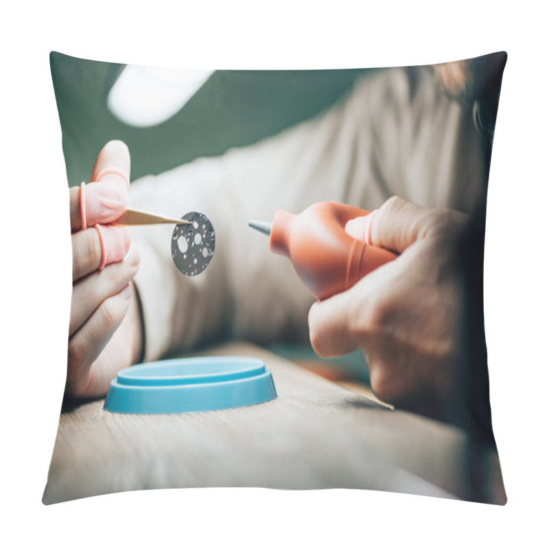 Personality  Cropped View Of Watchmaker Cleaning Watch Part With Blower At Working Table Pillow Covers