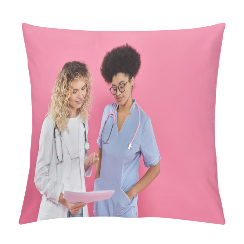 Personality  Oncologists Discussing Diagnosis, Interracial Doctors On Pink Backdrop, Breast Cancer Awareness Pillow Covers