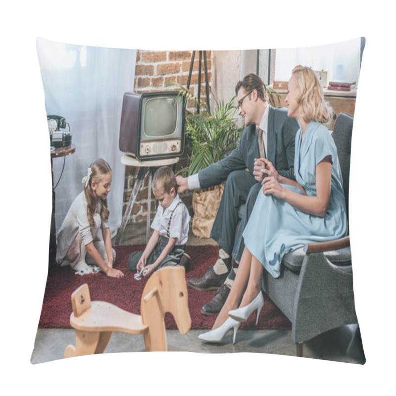 Personality  Happy Parents Sitting On Sofa And Looking At Little Kids Playing With Domino Tiles At Home, 1950s Style Pillow Covers