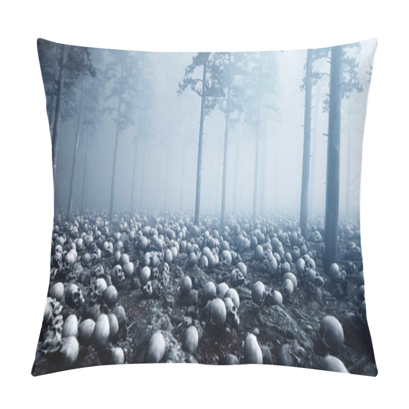 Personality  Scary Old Skulls In Fog Night Forest. Fear And Horror. Mistic And Apocalypse Concept. 3d Rendering. Pillow Covers