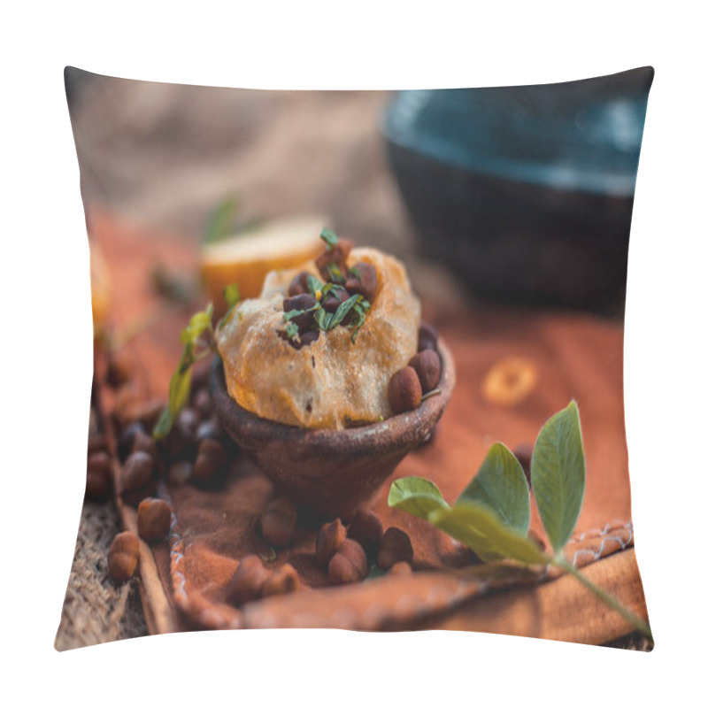 Personality  Famous Indian & Asian Street Food Dish I.e. Golgappa Snack In A Clay Bowl Along With Its Flavored Spicy Water In Another Clay Vessel. Horizontal Shot Of The Snack And Its Ingredients Present. Pillow Covers